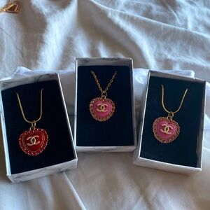 Pink & Red Stamped Chanel Charms w/ Gold Chain (all 3 included)